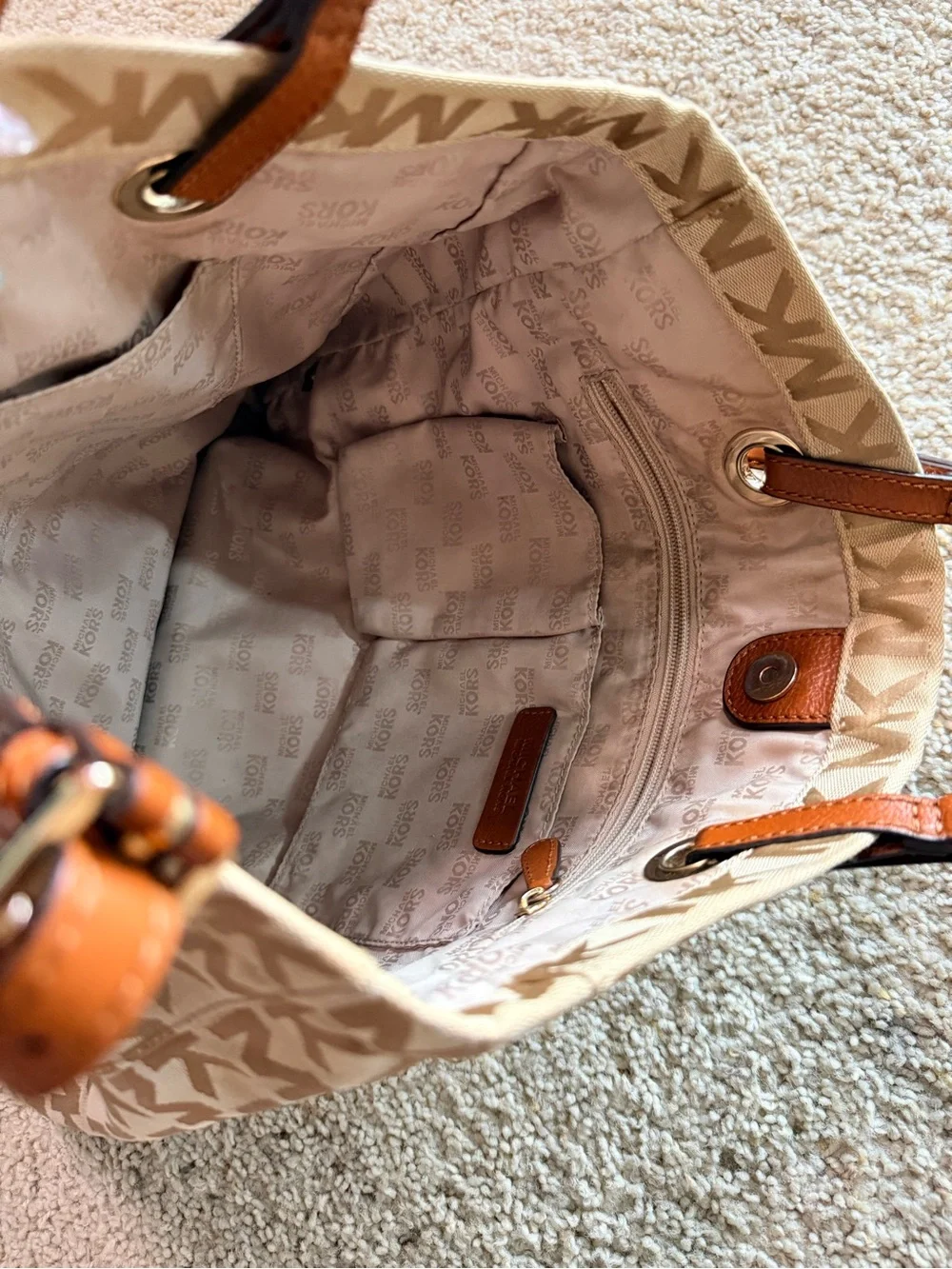 Michael Kors Beige MK Logo Canvas & Leather Tote Bag